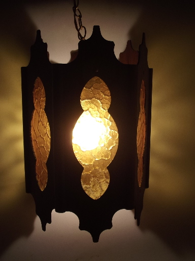 Retro swag lamp hanging light, 60s danish modern  teak w/ amber panels