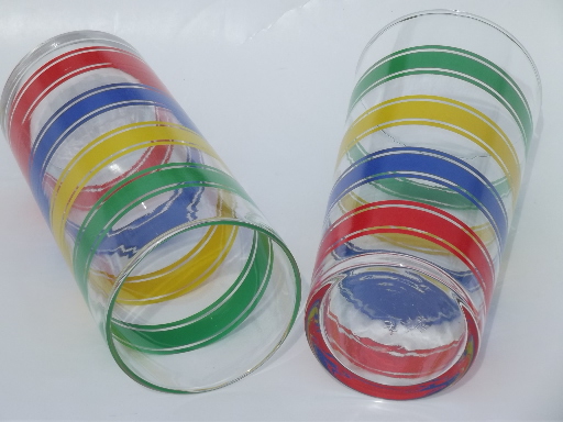Retro tall cooler glasses, bright primary color striped drinking glasses