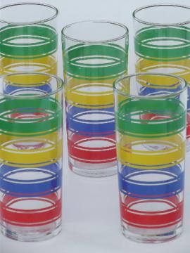 Retro tall cooler glasses, bright primary color striped drinking glasses