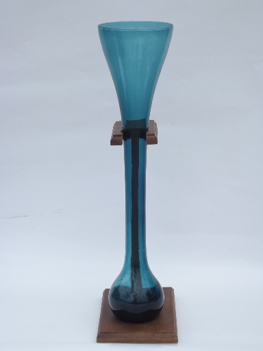 Retro tall round bubble ball bottom glass vase in wood display stand