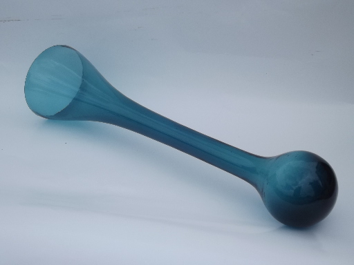 Retro tall round bubble ball bottom glass vase in wood display stand