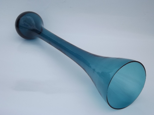 Retro tall round bubble ball bottom glass vase in wood display stand