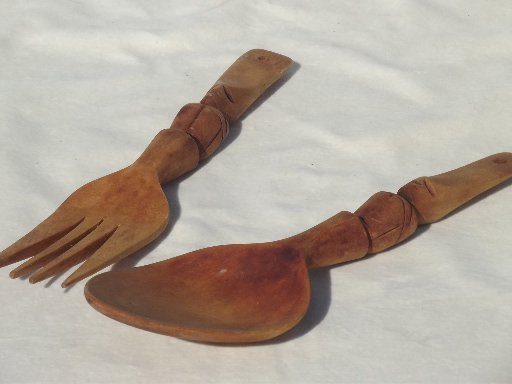Retro tiki carved wood figures fork & spoon, vintage salad servers set