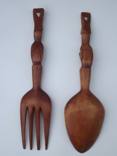 Retro tiki hand carved wood fork and spoon, wall hangings or salad servers