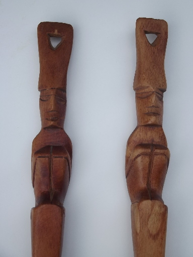 Retro tiki hand carved wood fork and spoon, wall hangings or salad servers