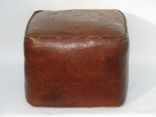 Retro tooled leather look cube footstool hassock, vintage naugahyde