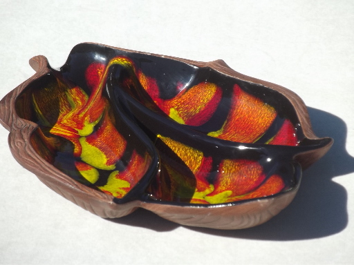 Retro Treasure Craft pottery dish w/ flambe drip lava orange yellow glaze
