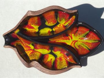 Retro Treasure Craft pottery dish w/ flambe drip lava orange yellow glaze