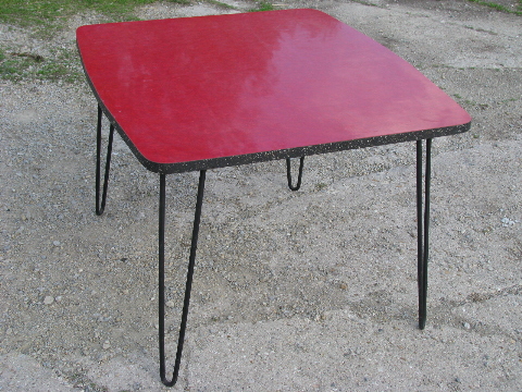 Retro vintage 1960s, red cracked ice occasional side table w/hair pin legs