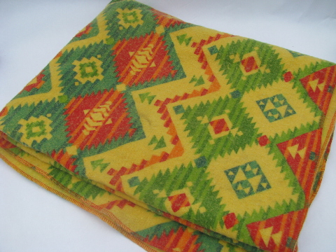 Retro vintage 70s camp blanket, Indian print on yellow, never used