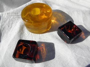 Retro vintage amber gold & brown glass candle holders, mod squares & circle