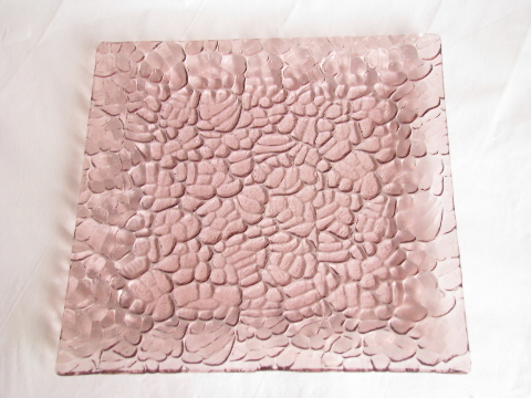 Retro vintage amethyst pink pebble textured glass plate, mod square shape
