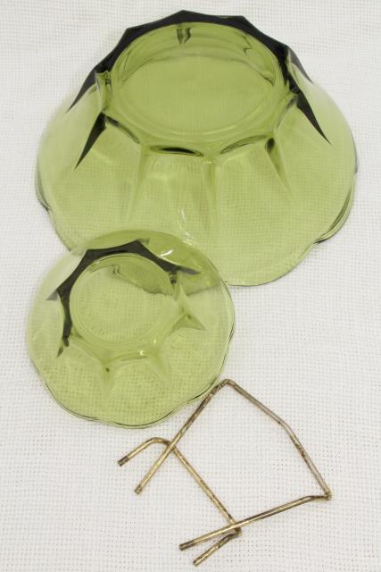 retro vintage avocado green glass chip & dip set, mod flower shape bowls w/ metal rack
