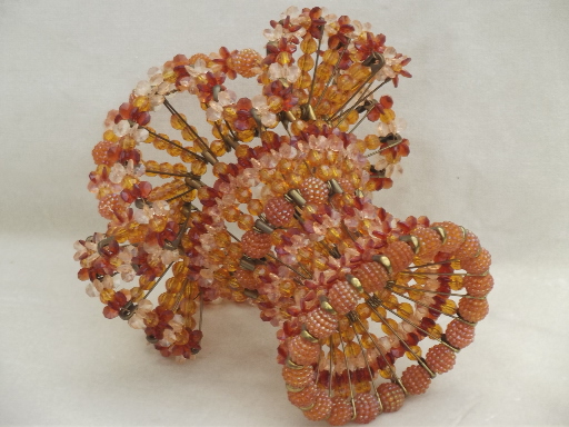 Retro vintage beaded flower basket, amber plastic beaded safety pin basket