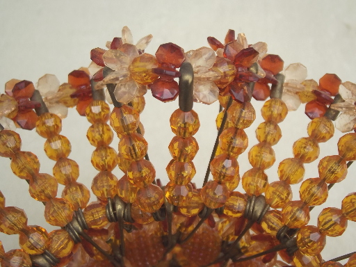 Retro vintage beaded flower basket, amber plastic beaded safety pin basket