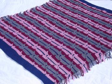 Retro vintage crochet afghan, diamond stitch crochet striped blanket