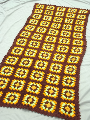 Retro vintage crochet granny square afghan, warm fall colors brown & gold