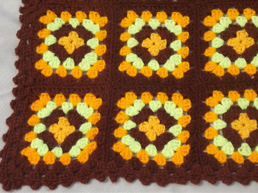 Retro vintage crochet granny square afghan, warm fall colors brown & gold