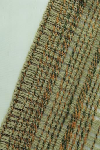 retro vintage curtains for large window, 60s olive green tweed drapes & pale celery sheers
