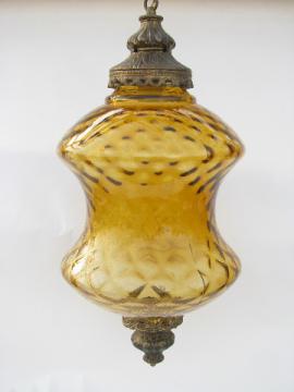 Retro vintage curvy swag lamp, groovy 60s amber glass hanging light
