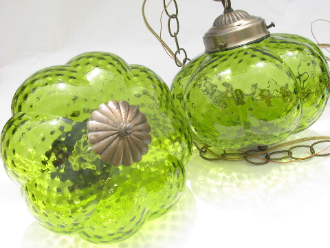 Retro vintage double light swag lamp, melon shape glass shades, lime green!