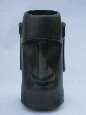 Retro vintage Fireside tiki cups, matte black pottery Polynesian moai heads