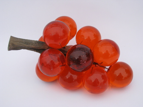 Retro vintage flame orange lucite bunch of grapes on driftwood
