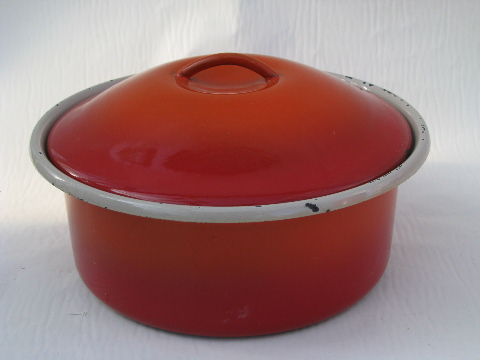 Retro vintage flame red enameled steel pans, casserole, individual ramekins