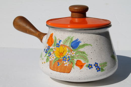 Retro vintage flowered enamel sauce pan or fondue pot w/ warming stand