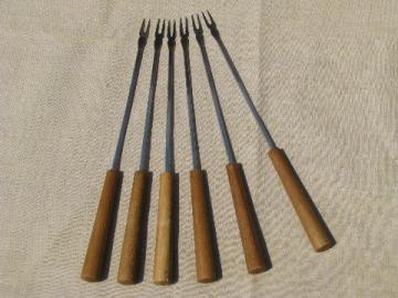 Retro vintage fondue forks set, 60-70s mod teak wood handles