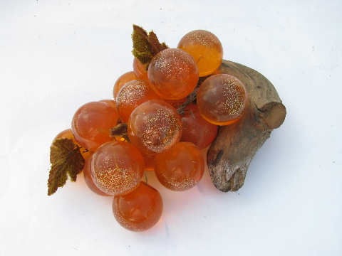 Retro vintage gold glitter orange lucite bunch of grapes on driftwood