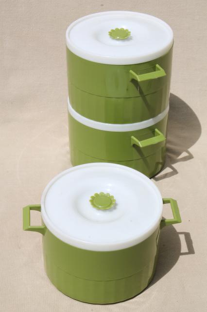 retro vintage green plastic tiffin, bento picnic lunch box w/ stacking container