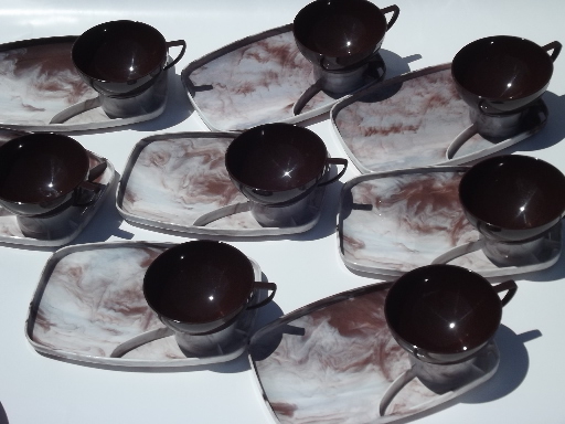 Retro vintage marbled plastic snack picnic sets, cups and tray plates for 8