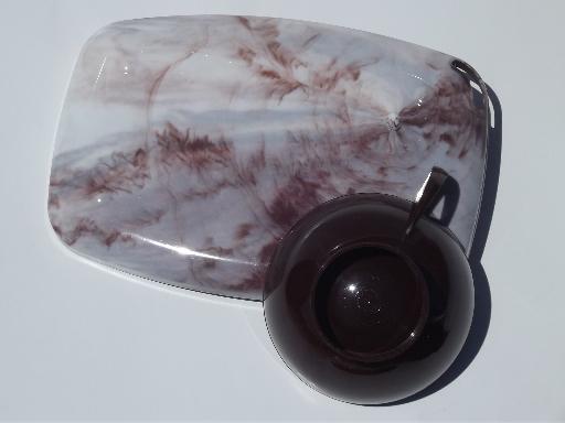 Retro vintage marbled plastic snack picnic sets, cups and tray plates for 8