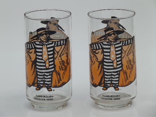 Retro vintage McDonald's glasses, Hamburglar character drinking glasses