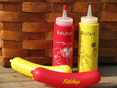 Retro vintage plastic picnic/barbeque ketchup and mustard set, hot dogs!