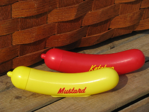 Retro vintage plastic picnic/barbeque ketchup and mustard set, hot dogs!
