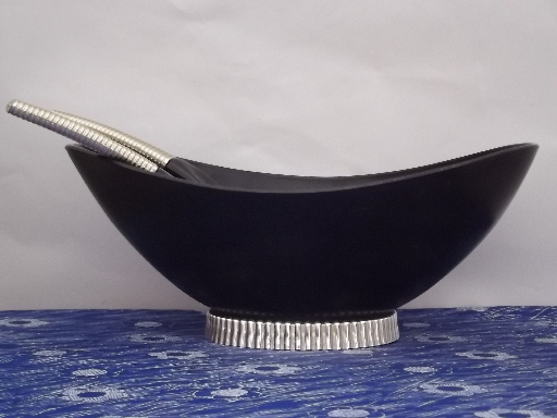 Retro vintage salad  set, mod black plastic salad bowl, spoon and fork
