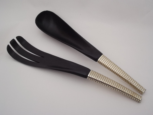 Retro vintage salad  set, mod black plastic salad bowl, spoon and fork
