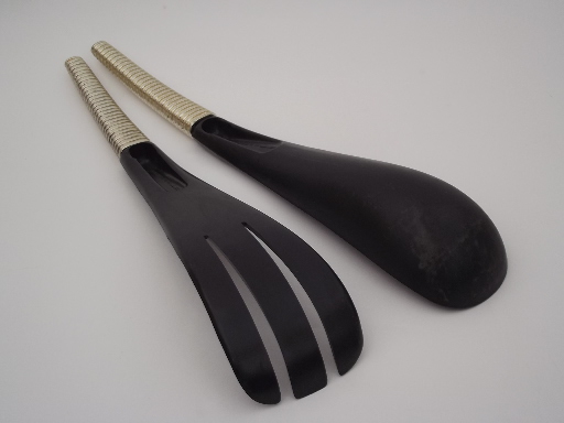 Retro vintage salad  set, mod black plastic salad bowl, spoon and fork