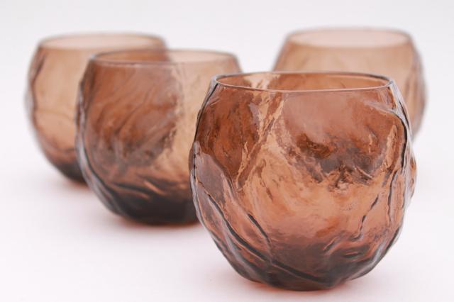retro vintage smoke brown Seneca driftwood crinkle glass round roly poly drinking glasses