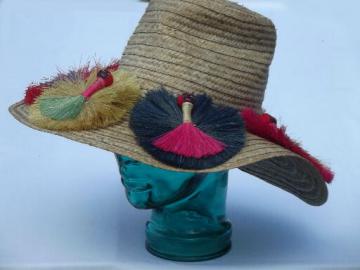 Retro vintage straw beach bum hat, wide brimmed hat w/ worry doll flowers