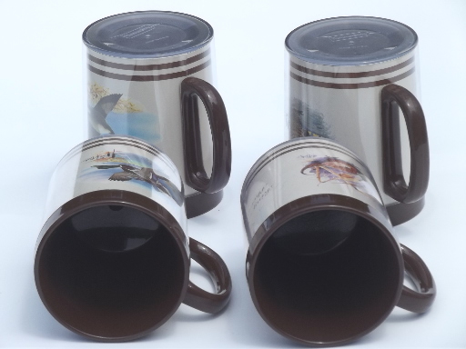 Retro vintage Thermo-Serv insulated plastic mugs w/ wild game birds