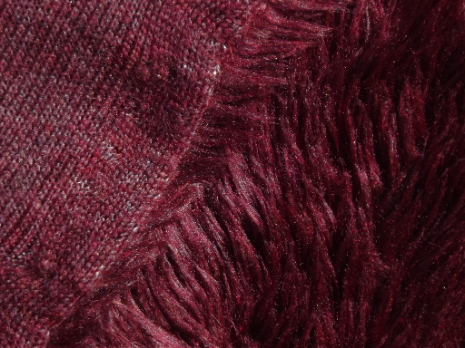 Retro wine blood red shag fake fur bedspread, 70s vintage furry fabric throw or rug