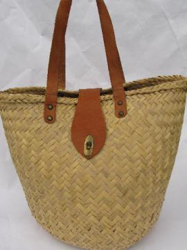 Retro woven straw tote, market basket or beach bag w/ leather handles