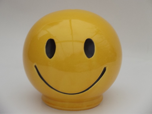 Retro yellow happy smile face coin bank, 70s vintage McCoy smiley