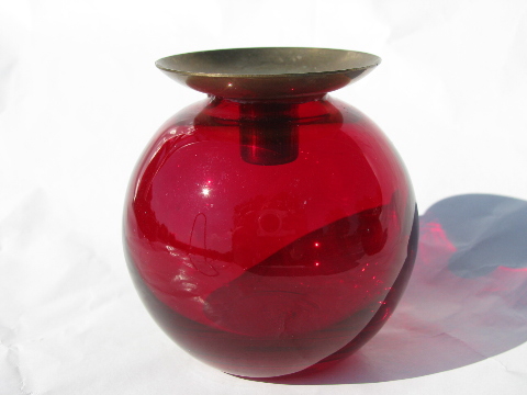 Ruby red glass ball candlesticks, mid-century modern vintage