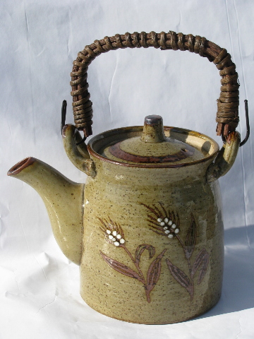 Rustic 70s earthenware pottery tea set w/ glasses, wicker handle - vintage Japan