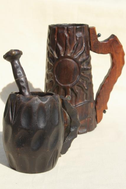 rustic hand carved wood tavern cups, beer stein & mug with pestle or muddler
