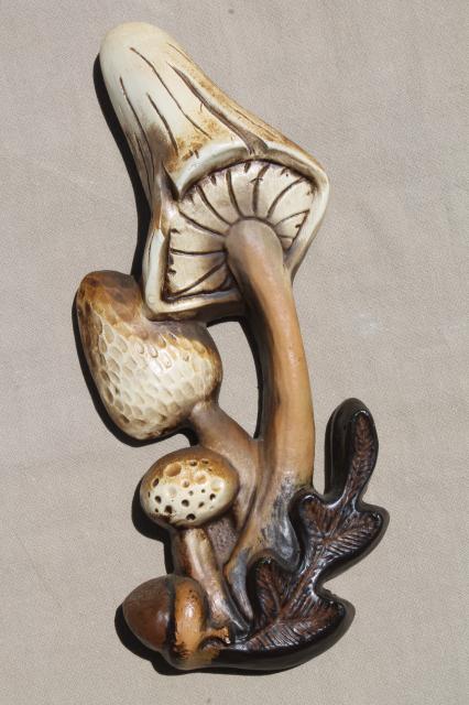 rustic mushrooms hippie vintage wall art, magic mushroom retro chalkware plaques